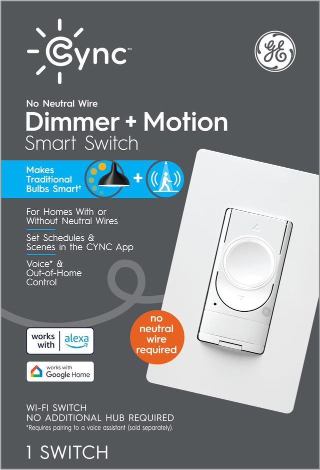 GE CYNC Smart Dimmer Light Switch + Motion Sensor, No Neutral Wire Required, Bluetooth and 2.4 GHz Wi-Fi 3-Wire Switch, Works with Alexa and Google Home (1 Pack)