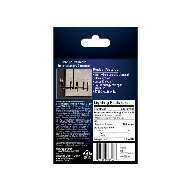 GE Classic LED 40 Watt Replacement, Soft White, F15 Deco - Candle Bulbs (2 Pack)