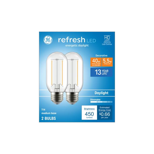 GE Refresh HD LED 40 Watt Replacement, Daylight, T14 Deco - Tubular Bulbs (2 Pack)