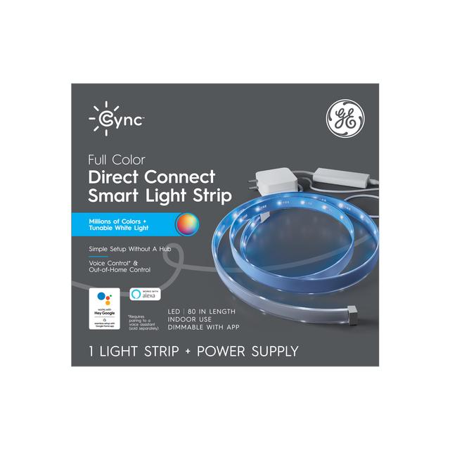Bande lumineuse GE CYNC Direct Connect, couleur, fonctionne avec Alexa et Google Assistant, Bluetooth et Wi-Fi activés, bande lumineuse de 80 pouces (1 + bloc d’alimentation)