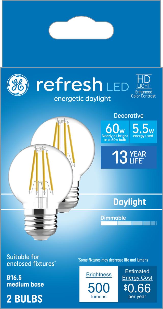 GE Refresh HD LED 60 Watt Replacement, Daylight, G16.5 Vanity Globe
