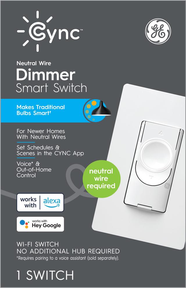 GE CYNC Smart Dimmer Light Switch, Neutral Wire Required, Bluetooth and 2.4 GHz Wi-Fi 4-Wire Switch, Works with Alexa and Google Home (1 Pack)