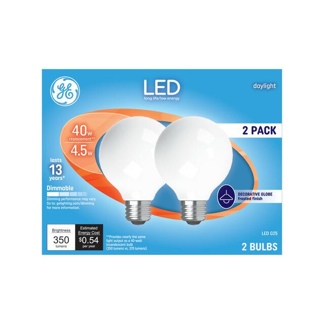 GE LED Light Bulbs, G25 Vanity Globe Lights, 40 Watt Replacement, Daylight (2 Pack)
