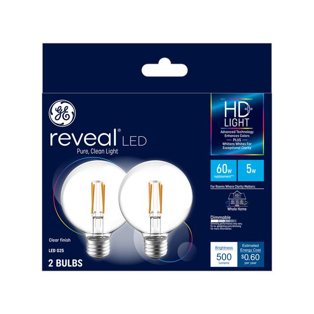 GE Reveal HD+ LED 60 Watt Replacement, Reveal, G25 Vanity - Globe Bulbs (2 Pack)