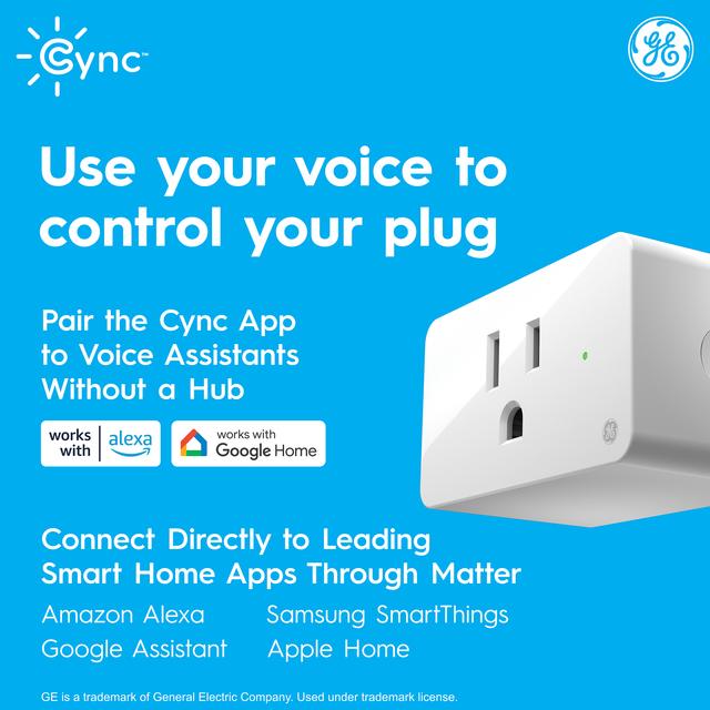 GE CYNC Indoor Smart Plug, Matter Compatible, Works with Alexa and Google Assistant, Bluetooth and Wi-Fi Enabled (1 Pack)