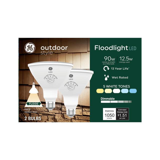 GE Outdoor Style Security PAR38 LED Floodlight, 90W Replacement Light Bulb, 5 White Tone Selection (2 Pack)