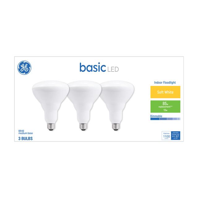 GE Basic LED 85 Watt Replacement, Soft White, BR40 Indoor Floodlight Bulbs (3 Pack)