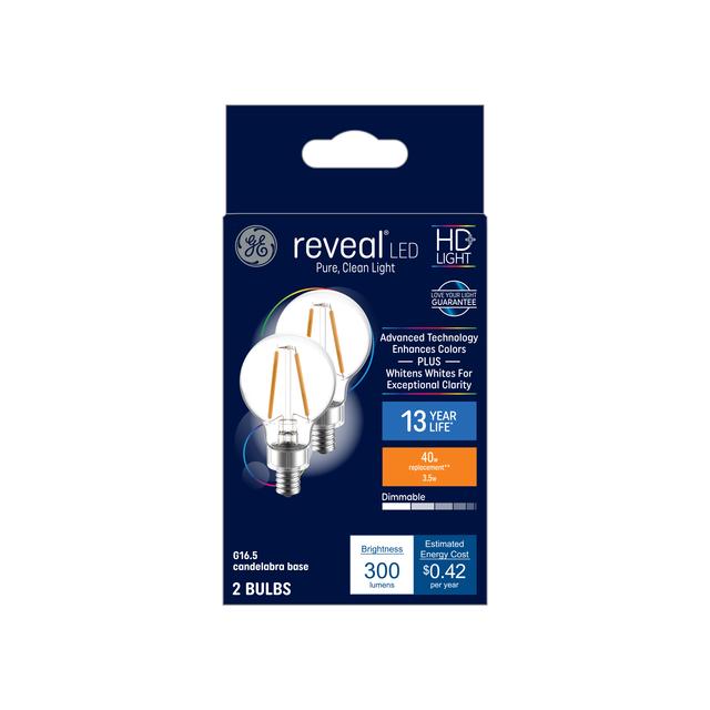 GE Reveal HD+ LED 40 Watt Replacement, Reveal, G16.5 Vanity - Globe Bulbs (2 Pack)