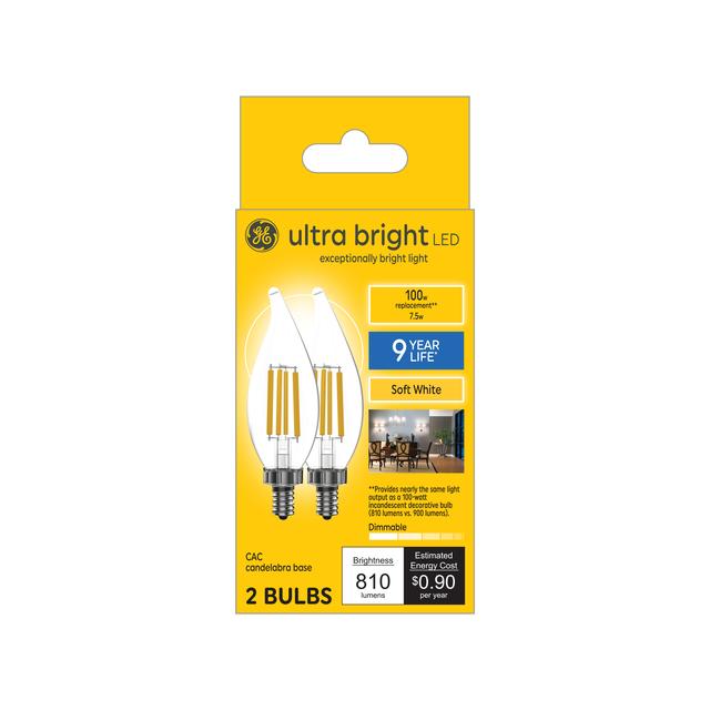 GE Ultra Bright LED 75 Watt Replacement, Soft White, CA11 Deco - Candle Bulbs (2 Pack)