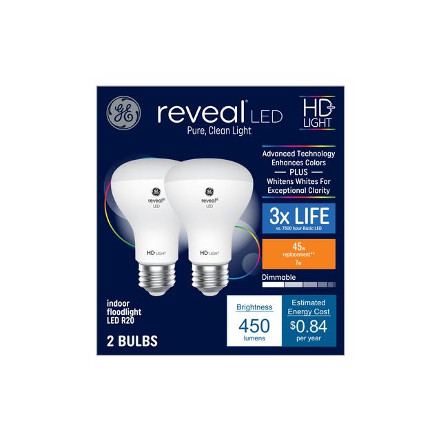 GE Reveal HD+ LED 45 Watt Replacement, Reveal, R20 Indoor Floodlight Bulbs (2 Pack)