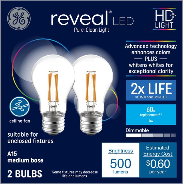 GE Reveal HD+ LED 60 Watt Replacement, Reveal, A15 Ceiling Fan Bulbs (2 Pack)