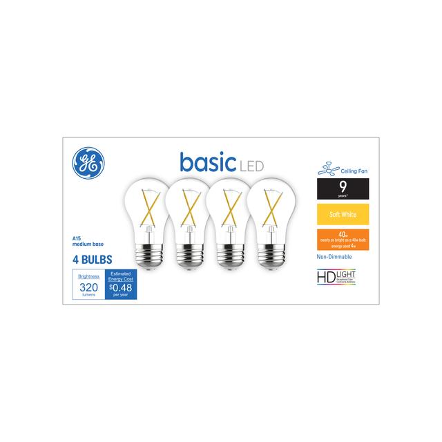 GE Basic LED 40 Watt Replacement, Soft White, A15 Ceiling Fan Bulbs (4 Pack)
