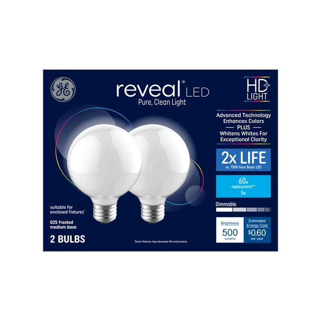 GE Reveal HD+ LED 60 Watt Replacement, Reveal, G25 Vanity - Globe Bulbs (2 Pack)