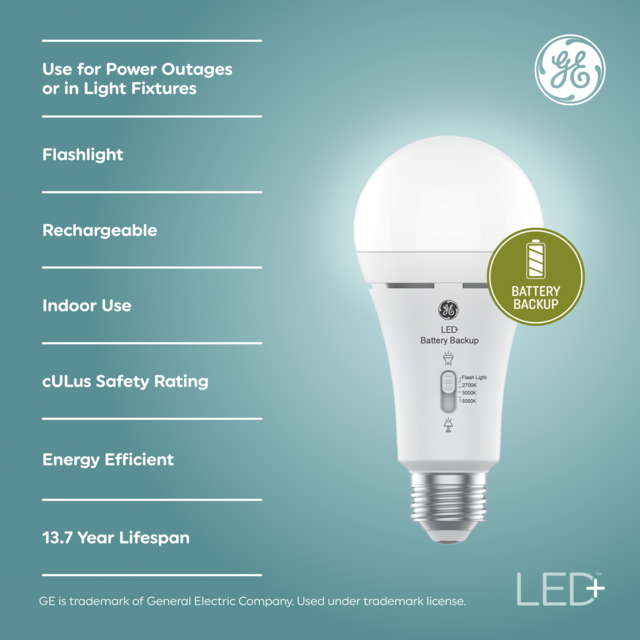 GE LED+ Battery Backup LED Light Bulbs,General Purpose, A21 Bulbs, 8 Watts (2 Pack)