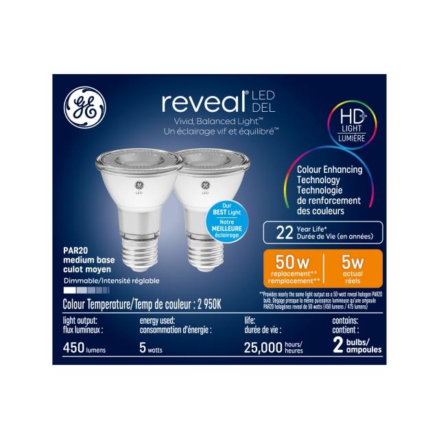 GE Reveal HD+ LED 50 Watt Replacement, Reveal, PAR20 Indoor Floodlight Bulbs (2 Pack)