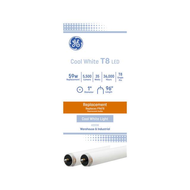GE LED Replacement Cool White 35 Watt 94.01 Inches T8 Fa8 Base LED Tube 2 Pack