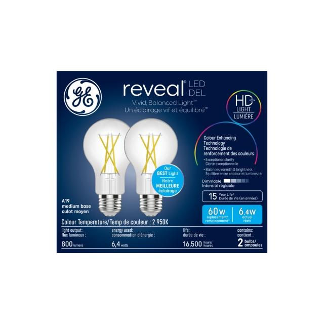 GE Reveal HD+ LED 60 Watt Replacement, Reveal, A19 General Purpose Bulbs (2 Pack)