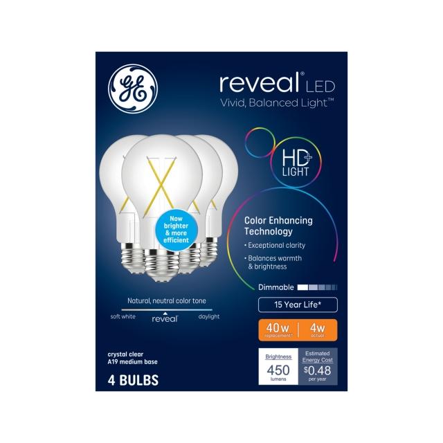GE Reveal HD+ LED 40 Watt Replacement, Reveal, A19 General Purpose Bulbs 4 Pack