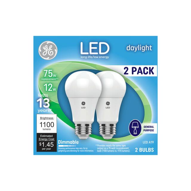 GE Classic LED 75 Watt Replacement, Daylight, A19 General Purpose Bulbs (2 Pack)