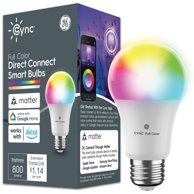 GE CYNC Smart LED Light Bulb, Color Changing, Matter Compatible, Bluetooth and Wi-Fi Enabled, Works with Alexa and Google Home, A19 Bulb (1 Pack)