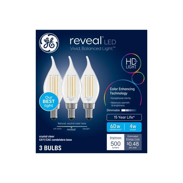 GE Reveal HD+ LED 60 Watt Replacement, Reveal, CA11 Deco - Candle Bulbs (3 Pack)