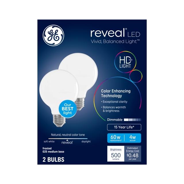 GE Reveal HD+ LED 60 Watt Replacement, Reveal, G25 Vanity - Globe Bulbs (2 Pack)