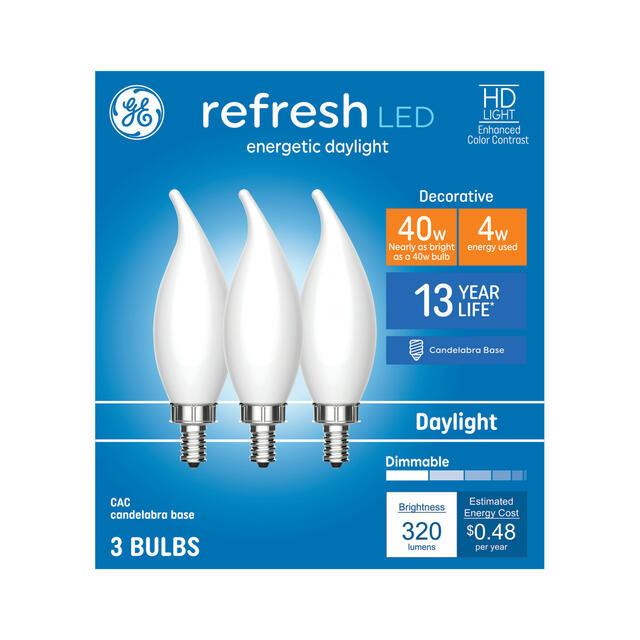 GE Refresh HD LED 40 Watt Replacement, Daylight, CA11 Deco - Candle Bulbs (3 Pack)