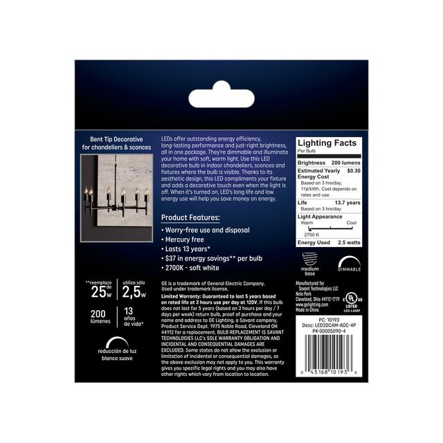 GE Classic LED 25 Watt Replacement, Soft White, CA11 Deco - Candle Bulbs (4 Pack)