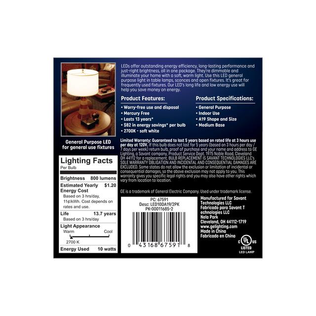 GE Classic LED 60 Watt Replacement, Soft White, A19 General Purpose Bulbs (2 Pack)