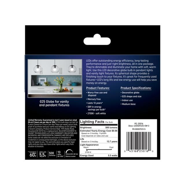 GE Classic LED 60 Watt Replacement, Soft White, G25 Vanity - Globe Bulbs (2 Pack)