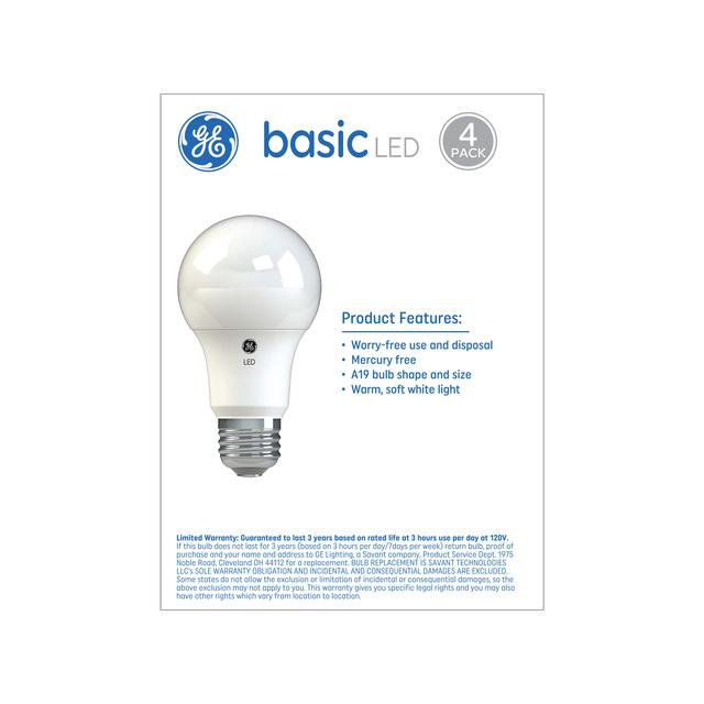 GE Basic LED 40 Watt Replacement, Soft White, A19 General Purpose Bulbs (4 Pack)