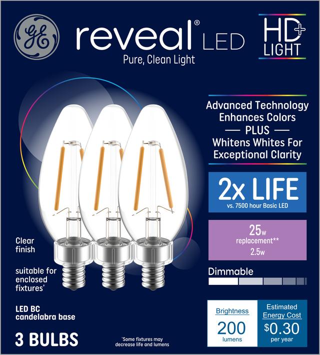 GE Reveal HD+ LED 25 Watt Replacement, Reveal, B11 Deco - Candle Bulbs (3 Pack)