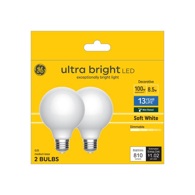 GE Ultra Bright LED 100 Watt Replacement, Soft White, G25 Vanity - Globe Bulbs (2 Pack)