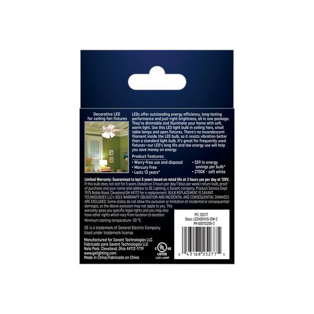 GE Classic LED 40 Watt Replacement, Soft White, A15 Ceiling Fan Bulbs (2 Pack)