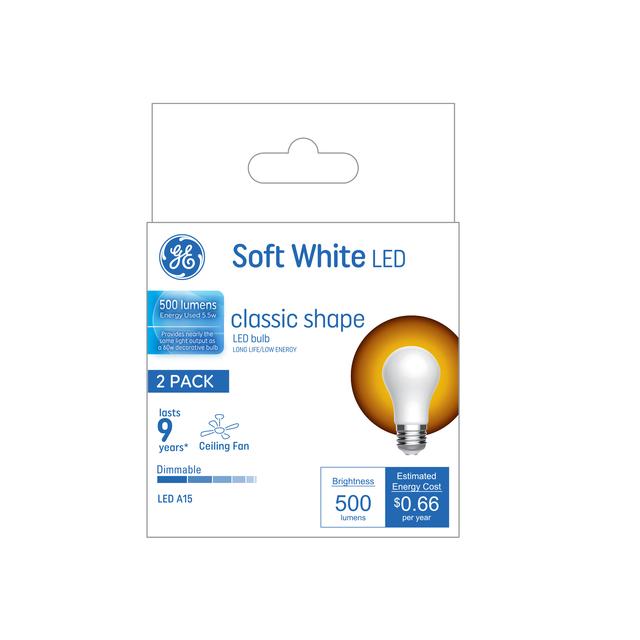 GE Basic LED 60 Watt Replacement, Soft White, A15 Ceiling Fan Bulbs (2 Pack)