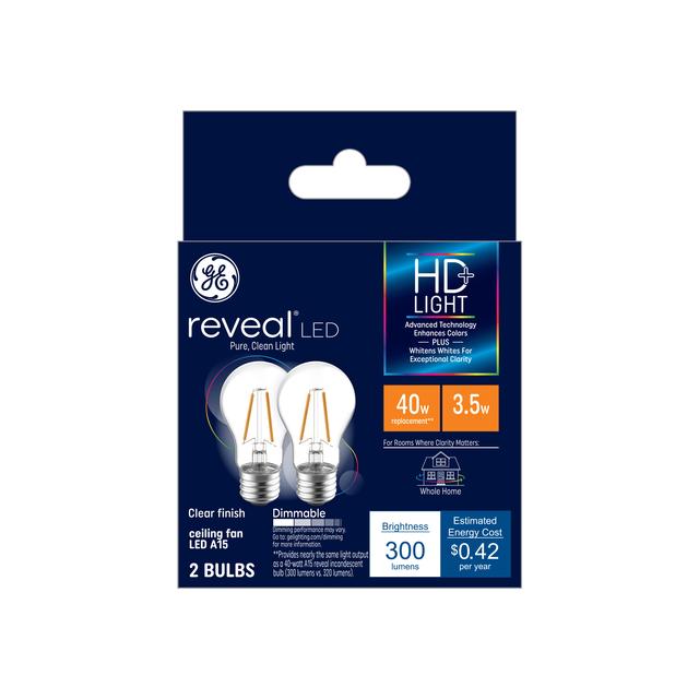 GE Reveal HD+ LED 40 Watt Replacement, Reveal, A15 Ceiling Fan Bulbs (2 Pack)
