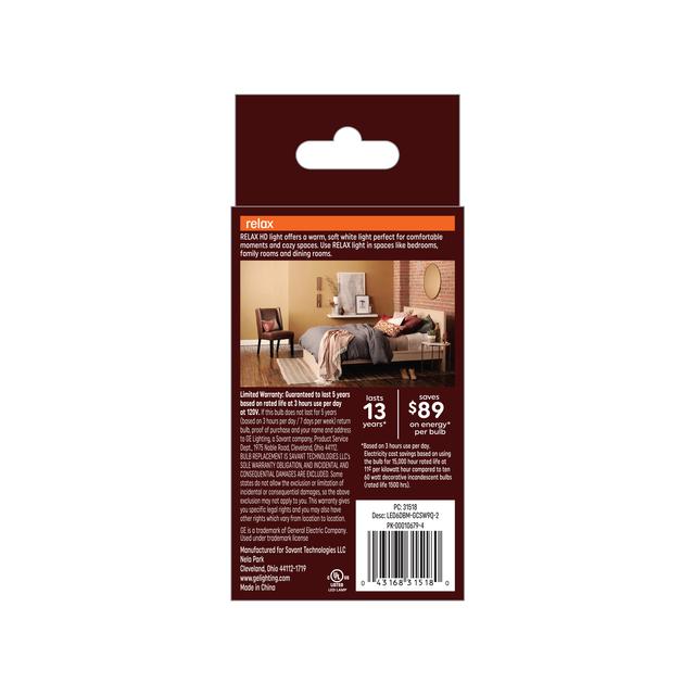GE Relax HD LED 60 Watt Replacement, Soft White, B11 Deco - Candle Bulbs (2 Pack)