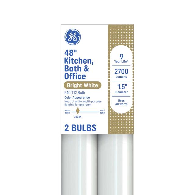GE Bright White 40 Watt 48 Inch T12 G13 Base Fluorescent Tube 2 Pack