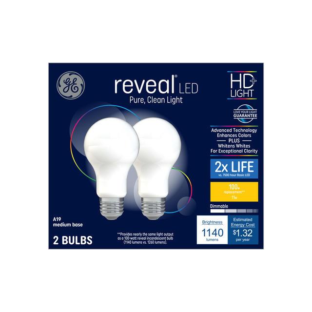 GE Reveal HD+ LED 100 Watt Replacement, Reveal, A19 General Purpose Bulbs (2 Pack)