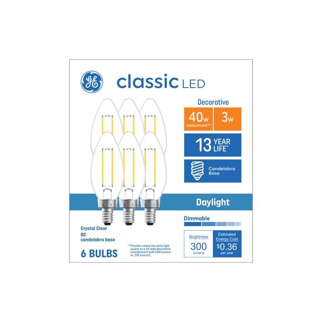 GE Classic LED 40 Watt Replacement, Daylight, B11 Deco - Candle Bulbs (6 Pack)