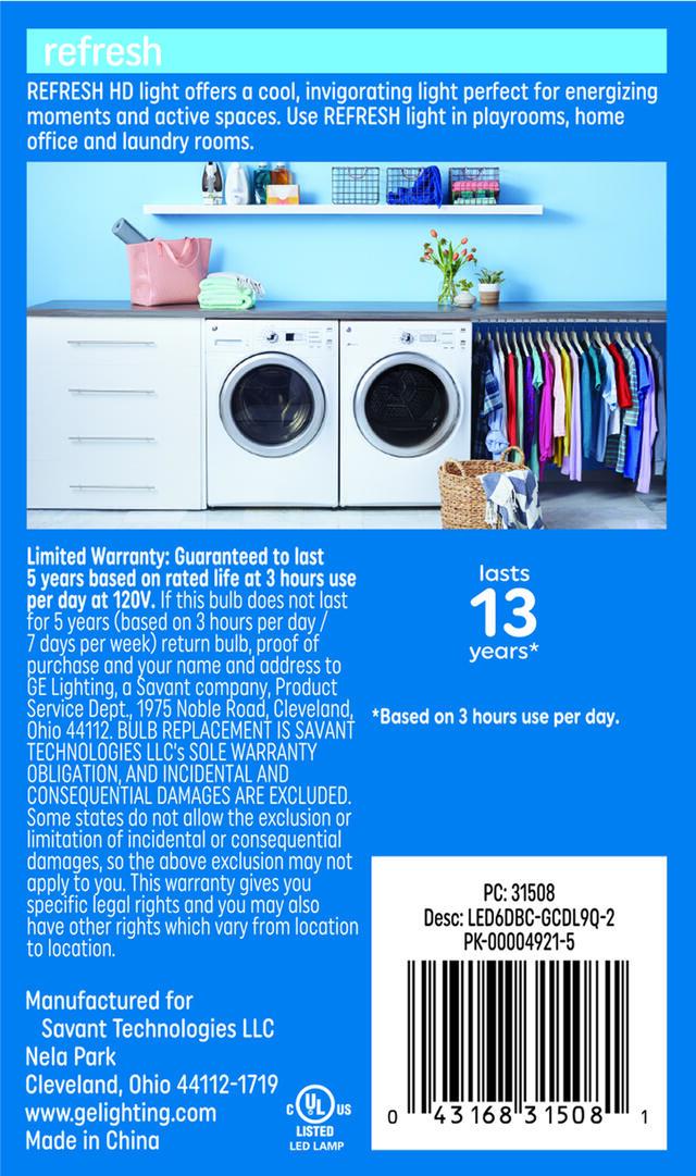 GE Refresh HD LED 60 Watt Replacement, Daylight, B11 Deco - Candle Bulbs (2 Pack)