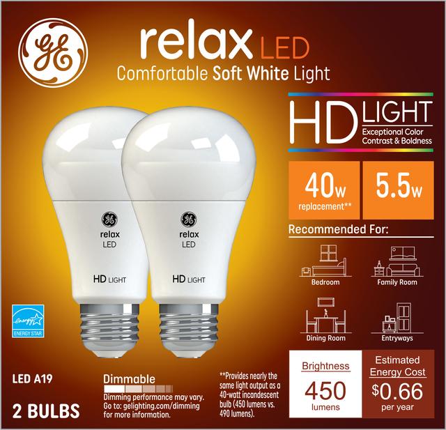 GE Relax HD LED 40 Watt Replacement, Soft White, A19 General Purpose Bulbs (2 Pack)