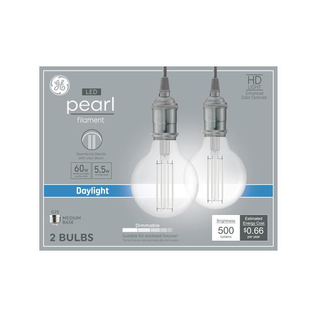 GE Pearl Filament HD LED 60 Watt Replacement, Daylight, G25 Deco - Globe Bulbs (2 Pack)