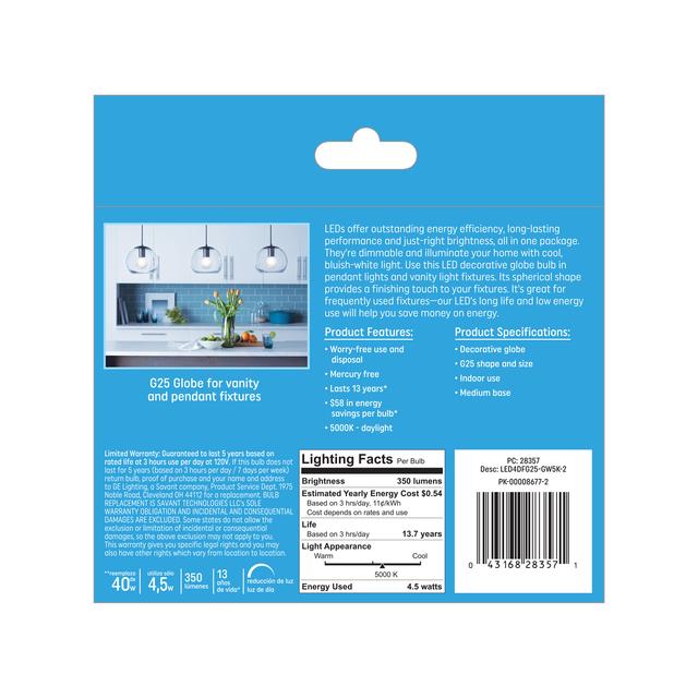 GE Classic LED 40 Watt Replacement, Daylight, G25 Vanity - Globe Bulbs (2 Pack)