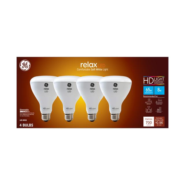 GE Relax HD LED 65 Watt Replacement, Soft White, BR30 Indoor Floodlight Bulbs (4 Pack)