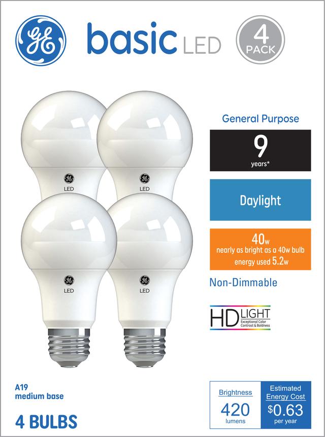 GE Basic LED 40 Watt Replacement, Daylight, A19 General Purpose Bulbs (4 Pack)