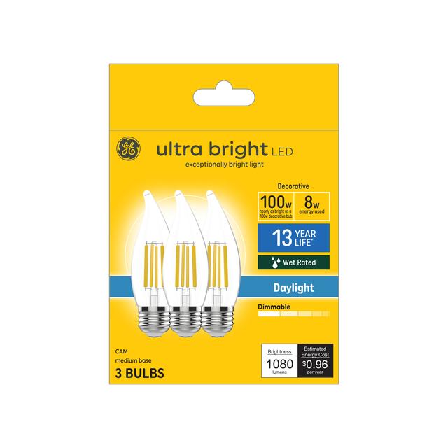 GE Ultra Bright LED 100 Watt Replacement, Daylight, CA12 Deco - Candle Bulbs (3 Pack)