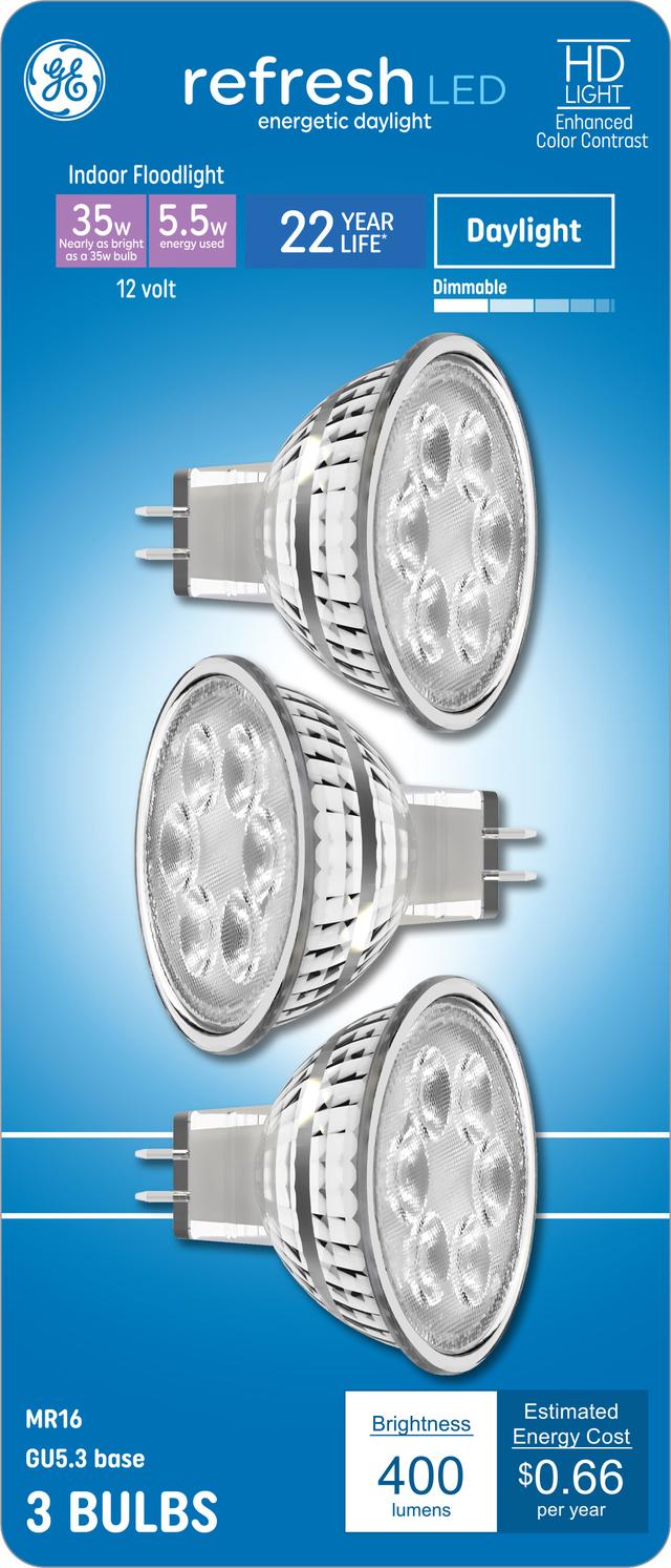 GE Refresh HD LED 35 Watt Replacement, Daylight, MR16 Indoor Floodlight Bulbs (3 Pack)