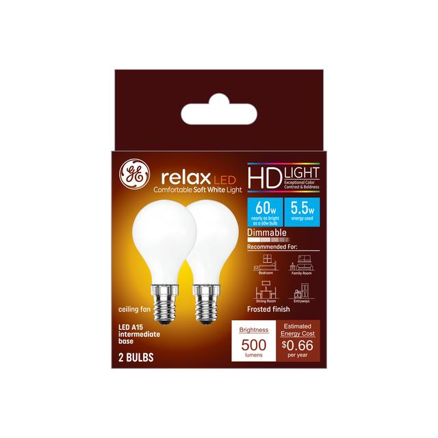 GE Relax HD LED 60 Watt Replacement, Soft White, A15 Ceiling Fan Bulbs (2 Pack)