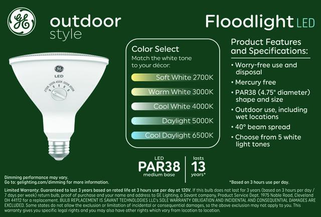 GE Outdoor Style Security PAR38 LED Floodlight, 120W Replacement Light Bulb, 5 White Tone Selection (2 Pack)